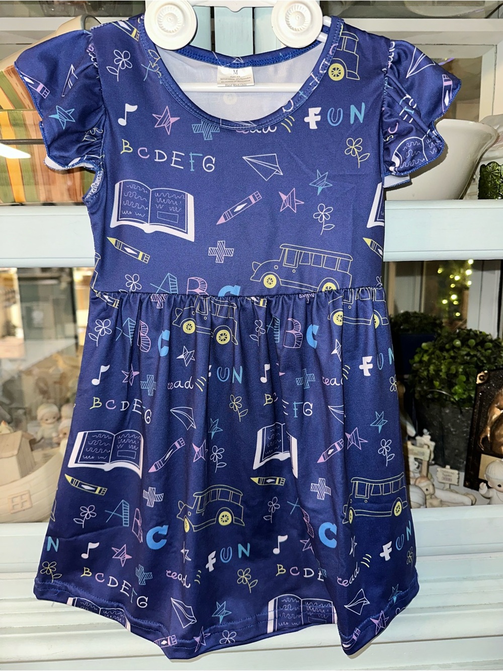 Navy School-Print Short Sleeve Girls Dress